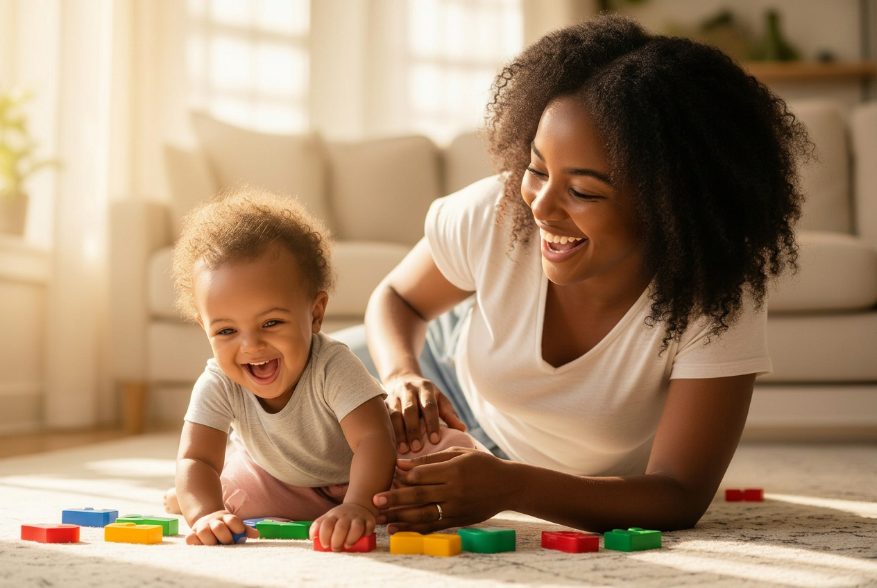 A joyful mother and her happy toddler playing together at home